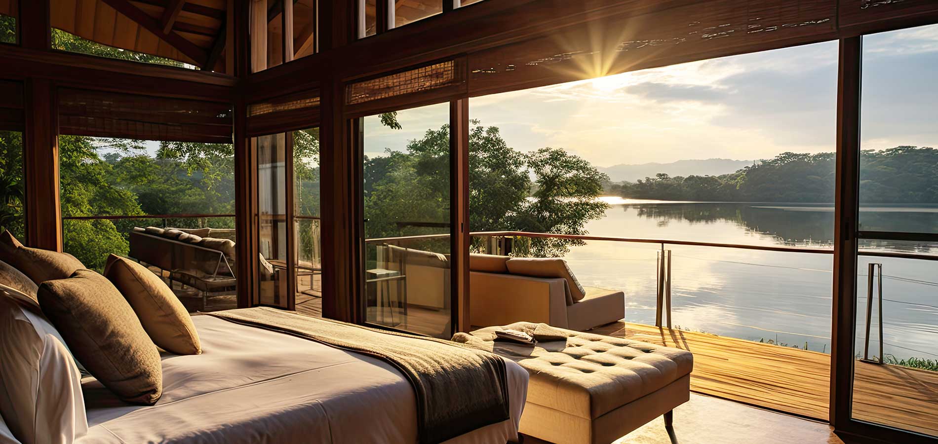 A bedroom with a view of a lake.
