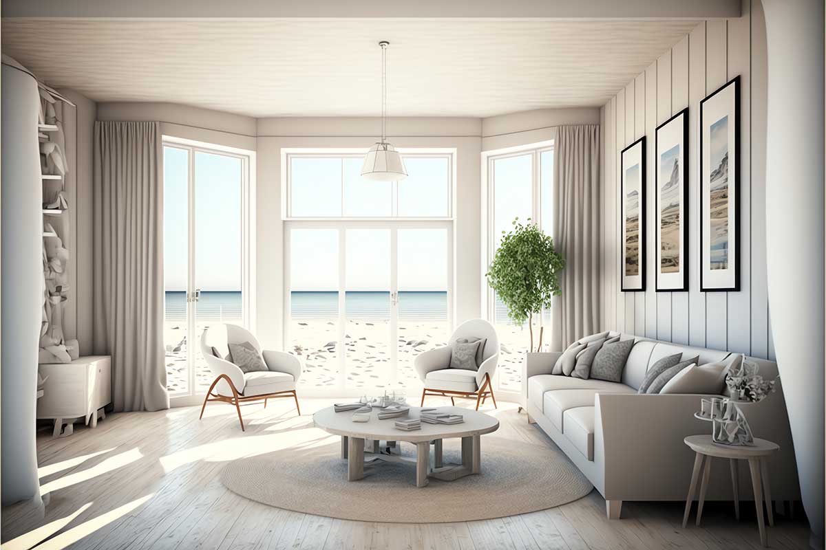 A white living room with a view of the ocean.