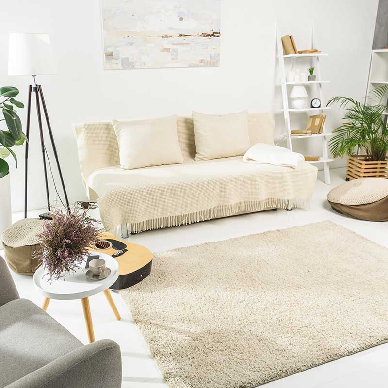 A white living room with a white couch and a white rug.