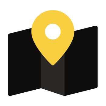 A yellow location pin icon on a black background.